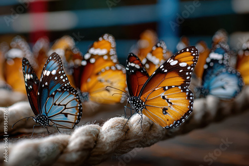 Colorful butterflies resting on a rope in a vibrant natural setting during daylight