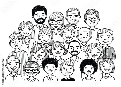 Smiling Black and diverse multigenerational group of men, women, and children happily gathered together perfect for illustrating community unity and social inclusivity concepts