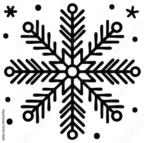 Hand-drawn snowflake graphic with additional star and dot elements for winter themes.