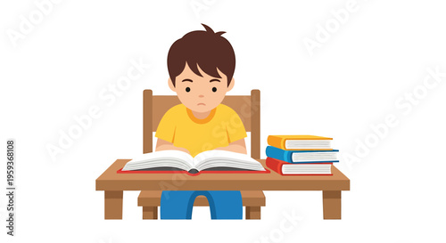 Boy sitting at desk reading book.