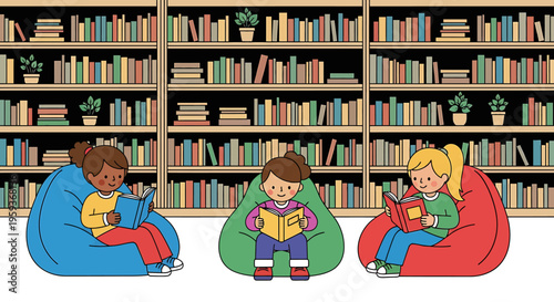 Children sitting on bean bags reading.