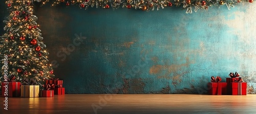 Cozy Christmas Interior Featuring a Beautiful Teal Wall, Festive Tree, Garland, and Gift Boxes