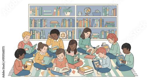 Children sitting in a classroom reading.