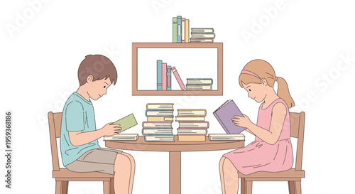 Two children reading books sitting down.