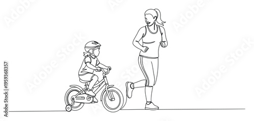 Adult woman jogging alongside a child riding a bicycle with training wheels, depicting a healthy and active family lifestyle perfect for fitness advertising or parenting resources