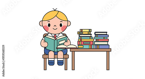 Boy sitting reading a book.