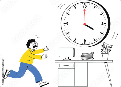 Stressed employee running from a ticking clock and overwhelming work, symbolizing deadline pressure and urgency.