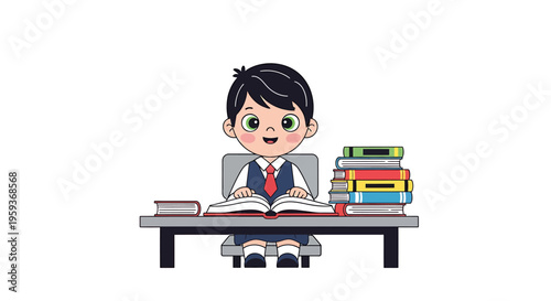 Boy sitting at desk with books.