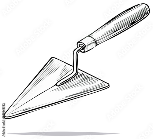 Line art illustration of a construction trowel with wooden handle