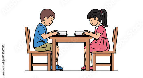 Children sitting at a table reading.