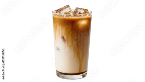 Cuadro en lienzo Refreshing iced coffee drink in a tall glass showcasing layered milk, coffee, an
