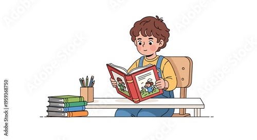 Boy sitting and reading book.
