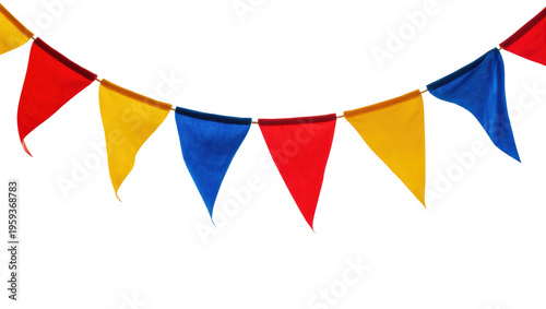 Photos Bright red, yellow, and blue triangular pennant flags for cheerful festive event