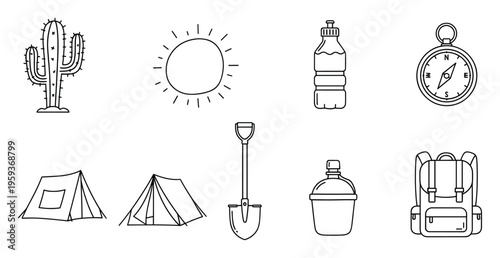 Outline icons representing desert exploration and outdoor camping essentials like a tent compass water bottle and backpack perfect for travel guides adventure themed promotions or