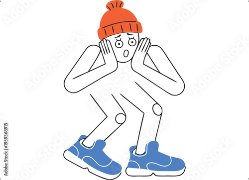 Shocked Person in Orange Beanie and Blue Sneakers Reacting with Surprise and Fear