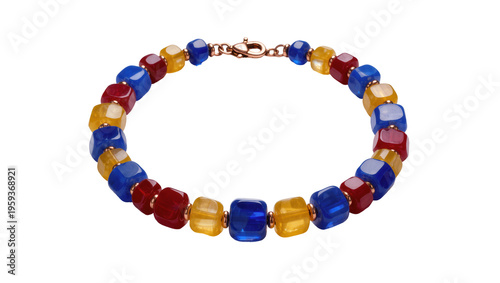 Tableau sur toile Vibrant red, blue, and yellow cubic glass beads form a striking handcrafted brac