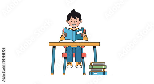Child Reading Book at Desk.