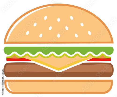 Simple Stylized Hamburger Icon with Sesame Seed Bun Cheese Lettuce and Tomato