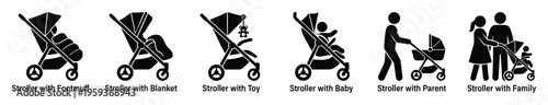 A collection of modern black and white stroller icons depicting various aspects of baby transportation, parenting, and family life, perfect for web pages, mobile applications, and