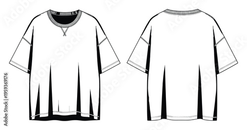 Technical flat sketch of a white short sleeve relaxed fit crew neck sweatshirt with dropped shoulders and ribbed trims, ideal for apparel development, clothing production, and presentation.