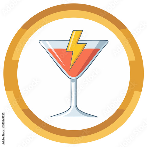 Cocktail glass with lightning bolt symbol inside vibrant orange liquid and circular frame