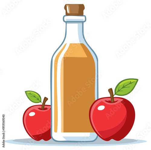 Glass bottle with apple cider vinegar and ripe red apples