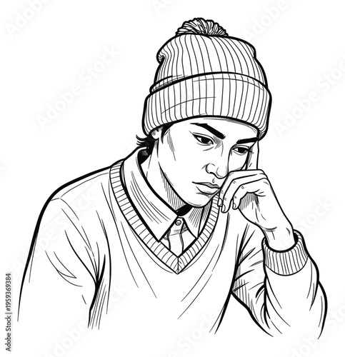 A pensive Asian young man wearing a beanie and sweater deeply contemplates a problem, perfect for articles and presentations on youth challenges, student life, and mental wellbeing themes.