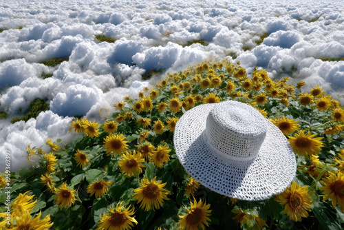 Bright sunflowers bloom above fluffy clouds during a clear day in an idyllic landscape