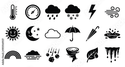 A comprehensive collection of weather and climate condition icons for forecasting applications, educational materials, environmental reports, and daily meteorological updates.