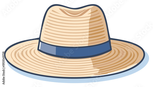 Cartoon illustration of a straw hat with blue ribbon, summer fashion accessory