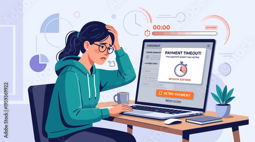 Woman Frustrated by Payment Timeout on Laptop During Checkout