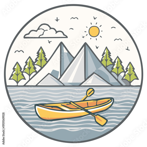 Yellow kayak on serene lake with pine trees and majestic mountains under sunny sky