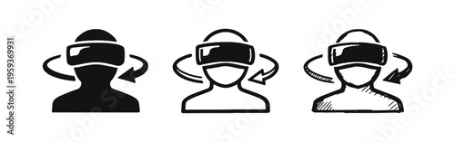 VR headset with 360-degree view icon set. Virtual reality, augmented reality, and immersive experience symbol.