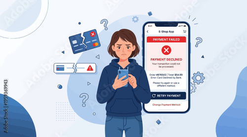 Stressed Woman with Failed Mobile Payment and Declined Credit Card
