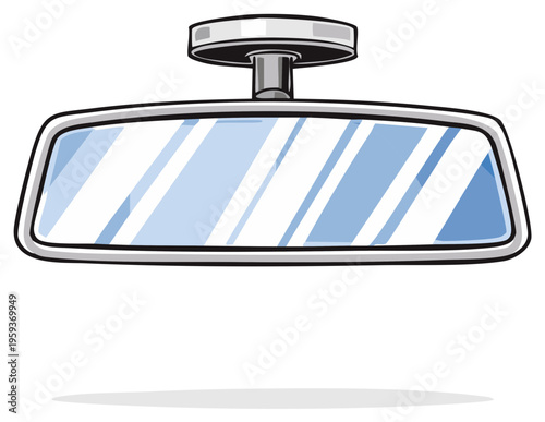 Automotive interior rearview mirror cartoon illustration for driving safety and vehicle design.