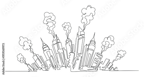 Continuous line sketch of an urban cityscape featuring tall buildings emitting smoke, highlighting industrial pollution, environmental impact, and modern development themes for graphic