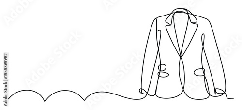 Modern continuous line drawing portraying a smart business blazer on a hanger, excellent for use in garment advertising campaigns, professional presentations, and clothing industry