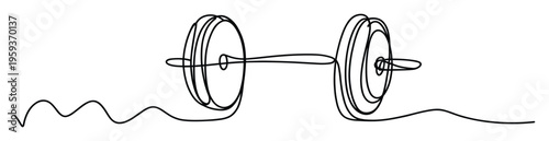 Simple continuous line drawing of a classic gym dumbbell with weight plates representing strength and exercise concepts for fitness branding or athletic event promotion