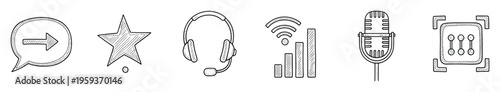 Hand drawn doodle icons representing communication, feedback, customer service, internet connection, audio recording, and data processing, ideal for modern mobile app and web interfaces.