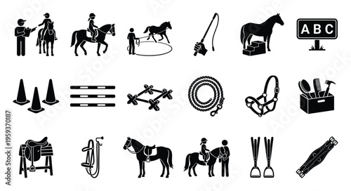 This comprehensive collection of equestrian icons depicts horse riding lessons, training equipment, and horse care items, suitable for educational materials, sports websites, and