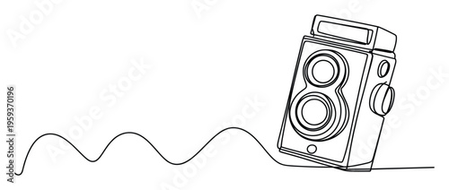 Continuous line drawing of a vintage twin lens reflex camera with a flowing wavy connection perfect for photography enthusiasts and creative projects