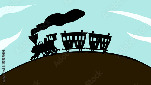 Steam locomotive with carriages, flat color vector illustration
