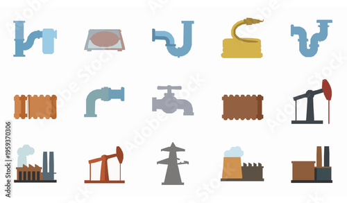 Plumbing Heating and Energy Icons Flat Vector Industrial System Set