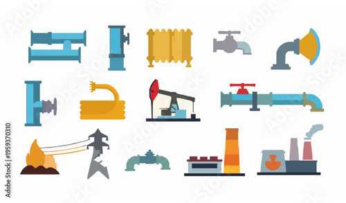 Infrastructure and Energy Flat Icon Set Pipeline Heating Vector Design