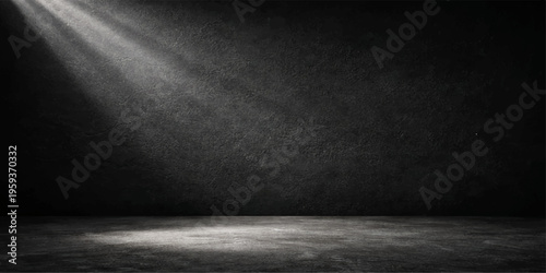 An empty dark room featuring a vintage black and white grunge interior with textured concrete walls and a gray cement floor