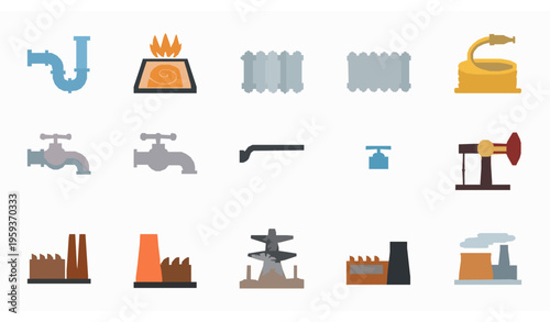 Industrial Pipeline and Energy Icon Set Flat Color Utility Vector Collection