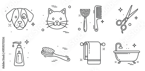 Essential pet grooming and care tools outline icons for veterinary services animal care shops and pet spa promotions