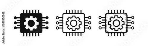 Microprocessor with Cogwheel Icons Set | Tech Settings and System Optimization Symbol