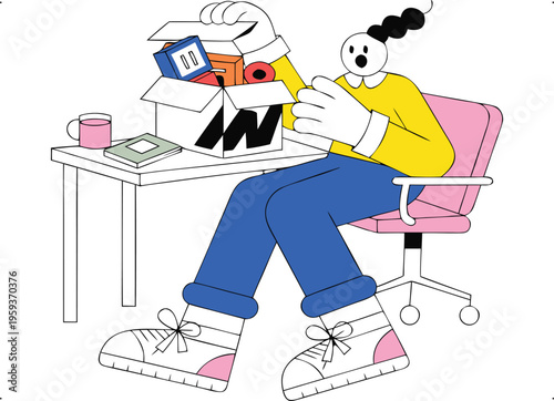 Modern vector illustration of a person unboxing a surprise package at their office desk.