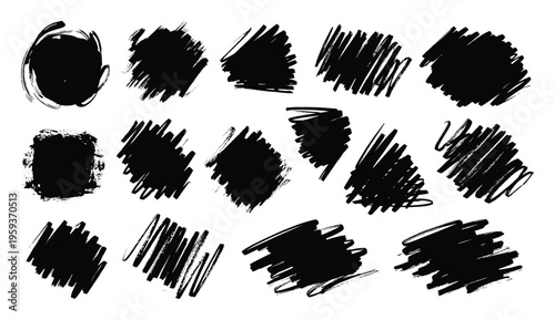 Dynamic collection of various black grunge brush strokes and expressive ink splatters providing essential graphic elements for modern layouts, social media posts, and abstract composition